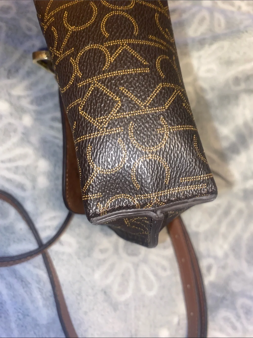 Calvin Klein Brown Monogram Crossbody Bag with Tan Leather Strap